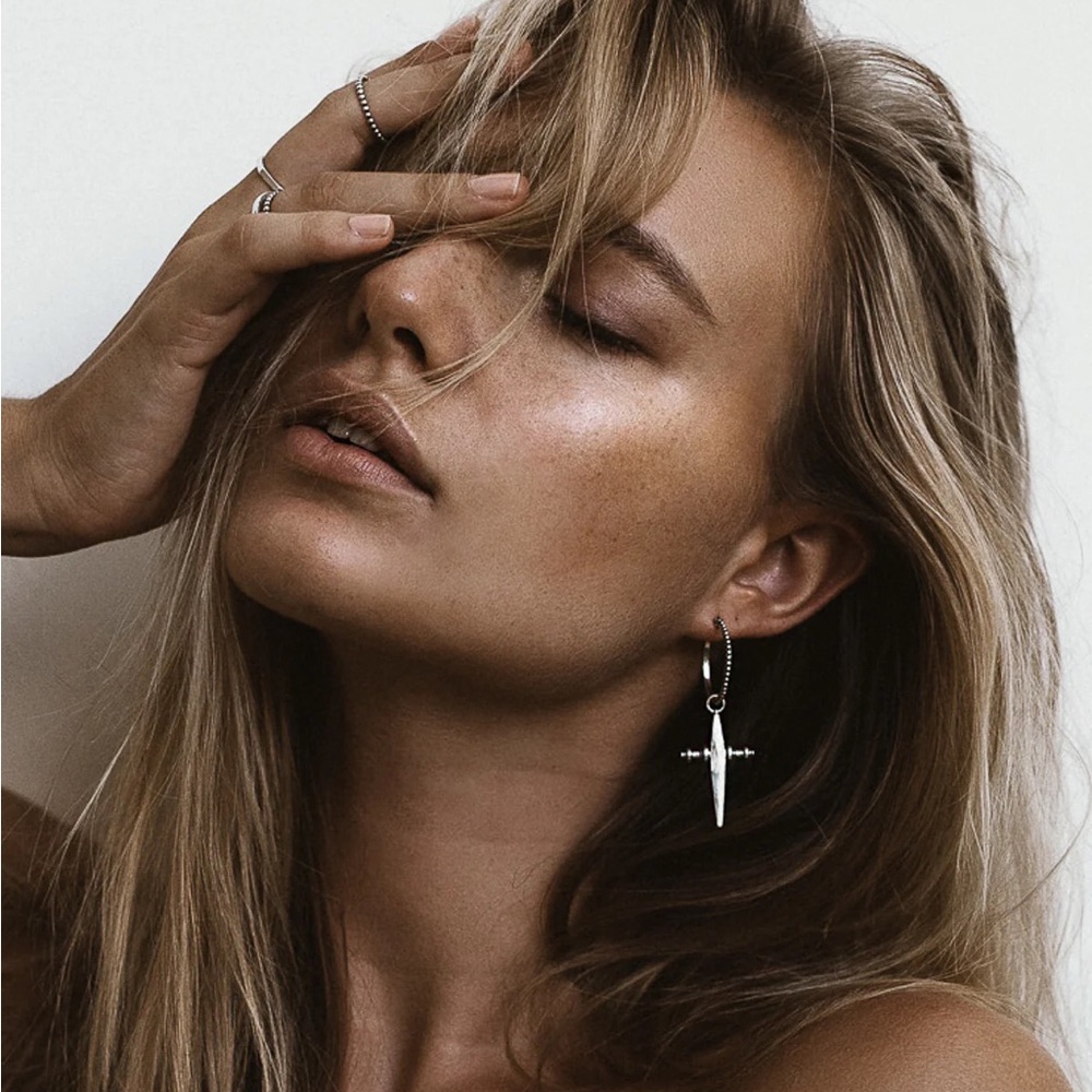 Luv AJ Cross Dangle Hoop Earrings, Silver, NWT
